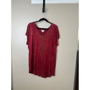 Tru Self Women's Red Blouse‎ Size X-large short sleeve v-neck rayon long shirt